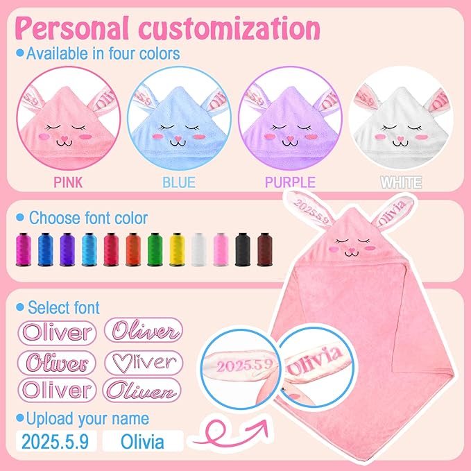 Baosity Custom Hooded Baby Towel with Name, Personalized Soft Absorbent Bunny Bath Towel, Shower Towels for Girls Boys, Easter Brithday for Baby, Toddler, Newborn Essential