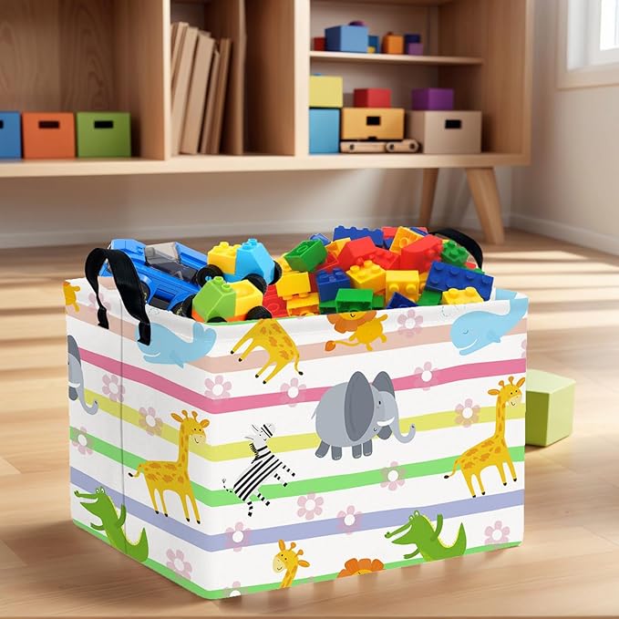Cute Rectangle Woodland Animal Baby Girl Basket Nursery Playroom Bedroom Decor Clothes Toy Basket (Colorful Animals)