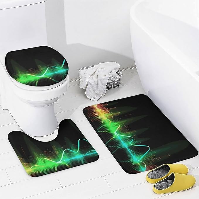 4 Piece Bathroom Rug Set with Shower Curtain, Non-Slip Bath Mat Toilet Cover Set, Cool Music Sound Wave Bathroom Rug Sets