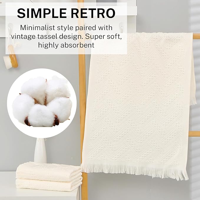 4-Pack Luxury Decorative Cotton Hand Towels for Bathroom Super Absorbent with Jacquard Weave&Fringe – 13x29.1" Beige Boho Hand Towel Set,Soft Face Towel for Boho Bathroom Decor Kitchen Hotel Spa Guest