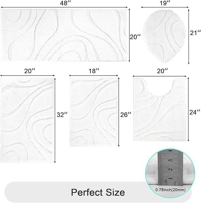 HEBE Bathroom Rugs Sets 5 Piece, Soft Absorbent Microfiber Bath Mat for Bathroom, Non Slip Washable Bath Rug Set with Toilet Cover, Bath Runner and U-Shaped Contour Toilet Rug, White