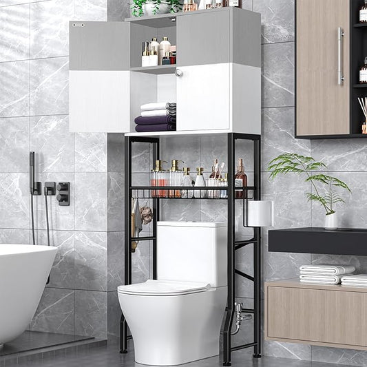 Over-The-Toilet Storage Rack, 4-Tier Bathroom Organizer Shelf Over Toilet with Barn Doors Cabinet and Basket, Freestanding Space Saver Bathroom Shelves with Paper Holder Above Toilet (Gray & White)