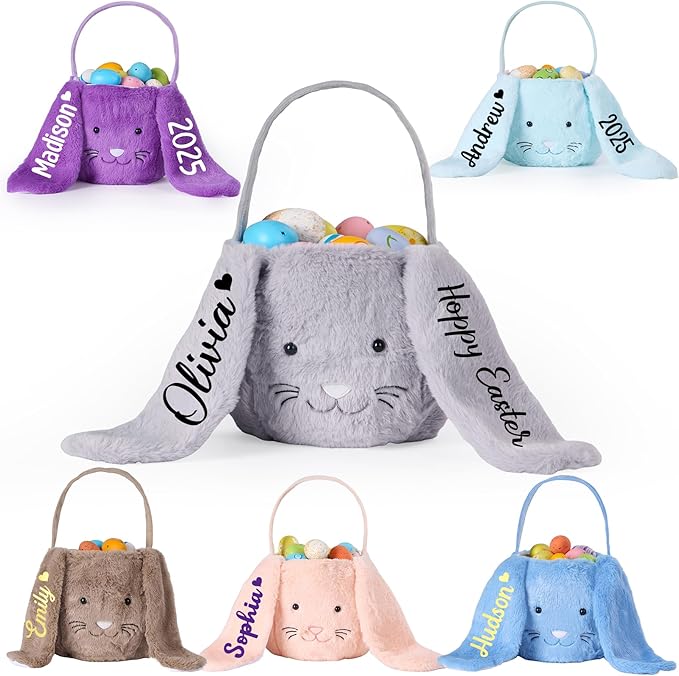 Mostop Personalized Easter Basket, Seersucker Egg Hunt Basket Bags for Easter Gifts