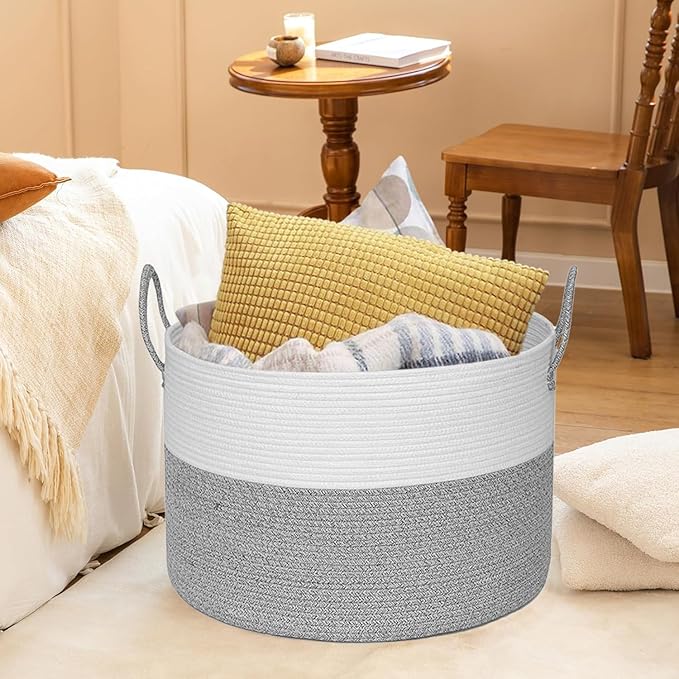 21" x 18" Extra Large storage baskets,Decorative blanket basket with lid for Living room,rope baskets with lid,wicker hamper for bedroom,Big,Round,White & Grey 115L