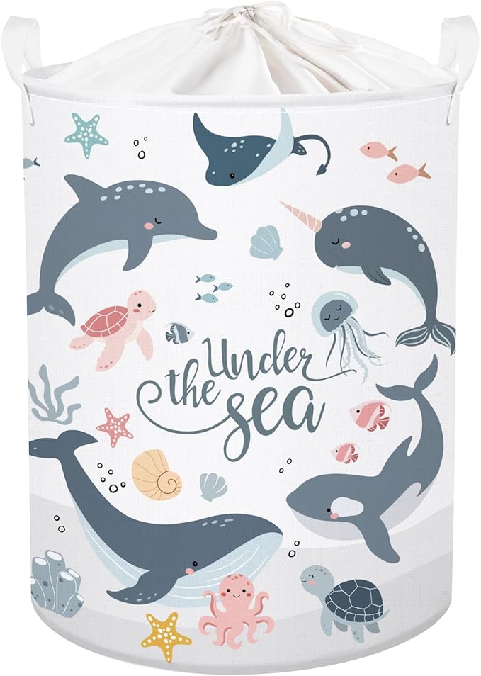 Sea Animals Laundry Hamper Ocean Fish Coral Large Storage Basket Parents Organizer Kids Clothes Toy Bins for Bedroom, Bathroom, Blue Dolphins, 63L