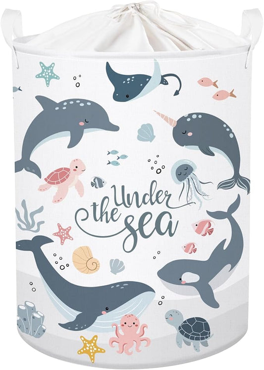 Sea Animals Laundry Hamper Ocean Fish Coral Large Storage Basket Parents Organizer Kids Clothes Toy Bins for Bedroom, Bathroom, Blue Dolphins, 63L