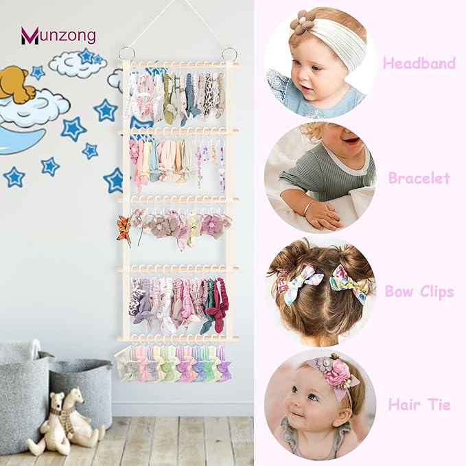 Munzong Headband Holder 52x17 inch, 2 Pack Bow Organizers for Baby Girls, Large Nursery Wall Hanging Back Door Bow Holder Shelf w/ 60 Hooks, 5 Tier Hair Accessories Organizer Storage for Toddler Kids