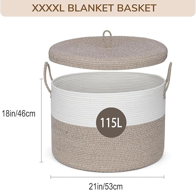 21" x 18" Extra Large storage baskets,Decorative blanket basket with lid for Living room,rope baskets with lid,wicker hamper for bedroom,Big,Round,White & Brown 115L