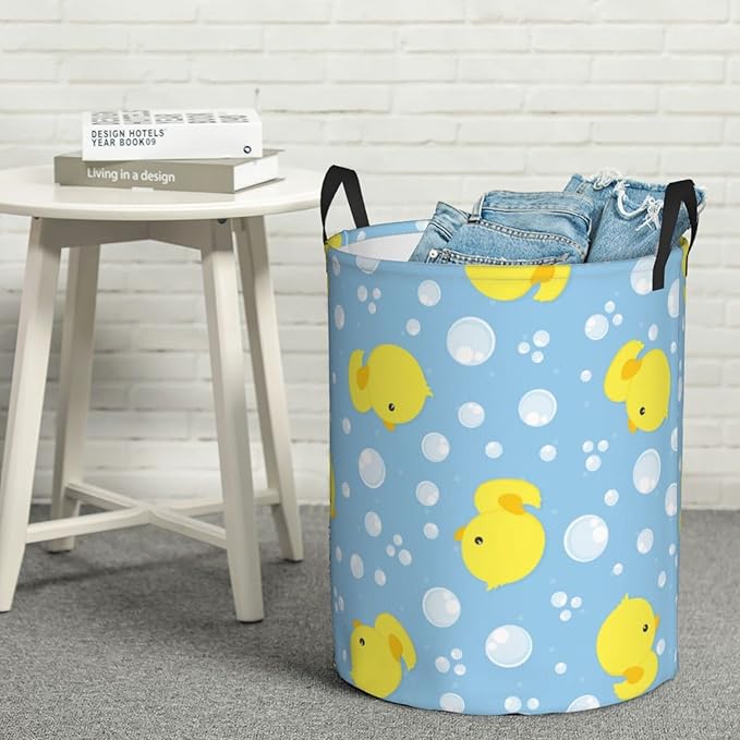 38L Round Laundry Hamper Cute Rubber Ducks Storage Basket Waterproof Coating Organizer Bin For Nursery Clothes Toys