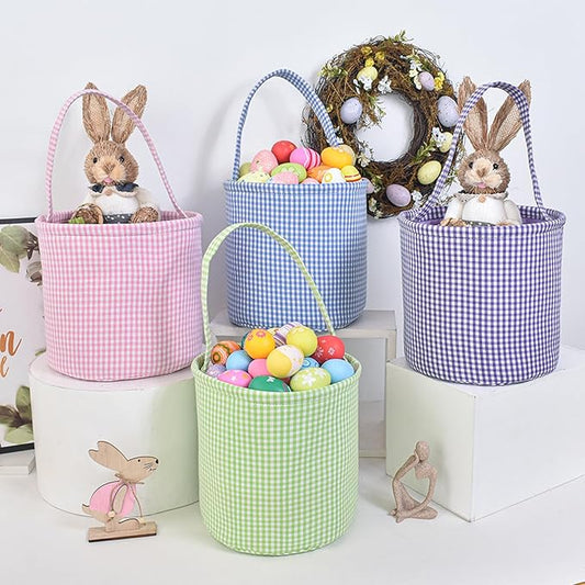 Plaid Easter Basket Stitch Easter Bag for Kids Colorful Cloth Baskets with Long Handle 9 Inch Spring Decorations (Green)