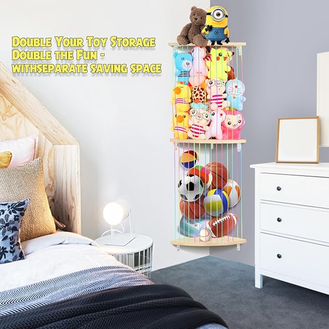 Stuffed Animal Storage Hammock, Wood Stuffed Toy Holder, Playroom Nursery Toy Storage Organizer, Decorative Wall Hanging Caddy Corner Stuffed Animal Net, Soft Toy Net for Kids Room Décor