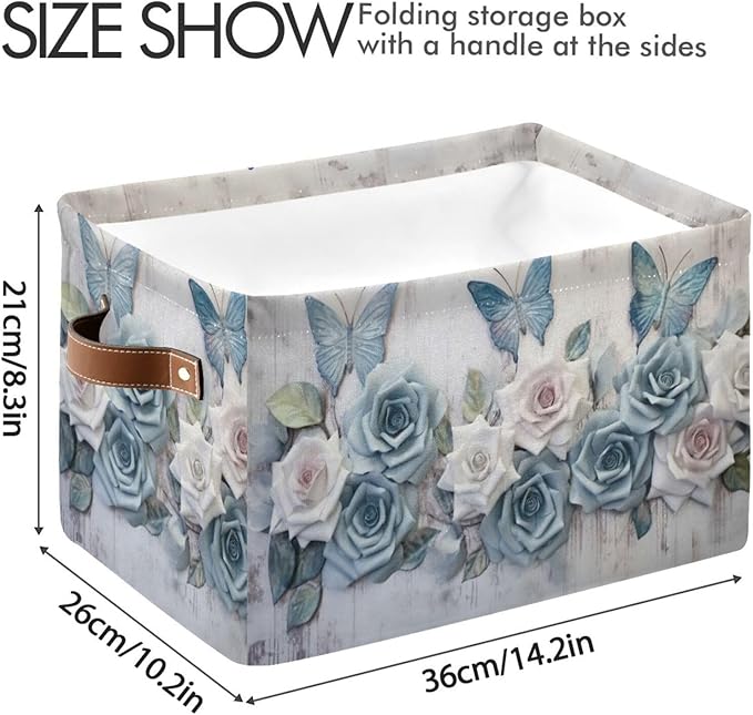 YETTASBIN Rose Butterfly Storage Basket 1pc, Large Collapsible Toys Clothes Organizer, Durable Canvas Storage Bin with Handle for Shelves Closet Laundry Home Office Decor