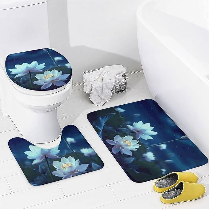 4 Piece Bathroom Rug Set with Shower Curtain, Non-Slip Bath Mat Toilet Cover Set, Night Flowers Bathroom Rug Sets
