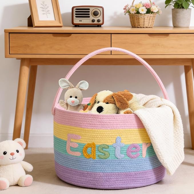 Rainbow Easter Basket, Extra Large Easter Egg Hunting Basket, Woven Cotton Rope Storage Basket Laundry Basket with Handle, Soft Round Storage Bin, Blanket Basket, Empty Gift Basket, 18.5"x13"