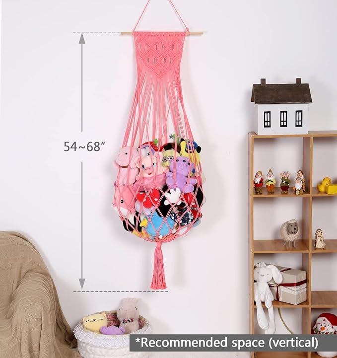 Stuffed Animal Hammock Wall Hanging Net for Stuffed Animal Net Stuffed Animal Storage Plush Toy Holder Toy Organizer for Boho Kidroom Playroom Nursery Decor (Pink)