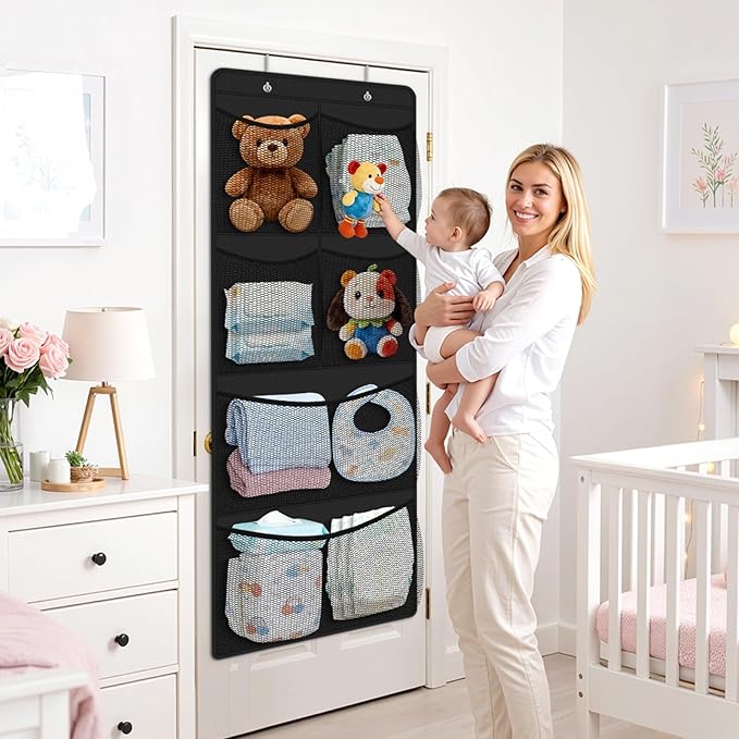 Stuffed Animal Storage - Large Over the Door Organizer with 6 Expandable Mesh Pockets & Metal Hooks, Non-Woven Fabric Hanging Plush Items Holder for Nursery, Bedroom, Playroom (Black)