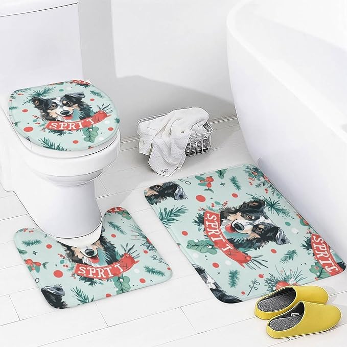 4 Piece Bathroom Shower Curtain Sets with Non-Slip Rugs Toilet Lid Cover and Bath Mat Dog Pet Graphic Waterproof Shower Curtain Best Dog for Bathroom Decor Merry Christmas Shower Curtain Set