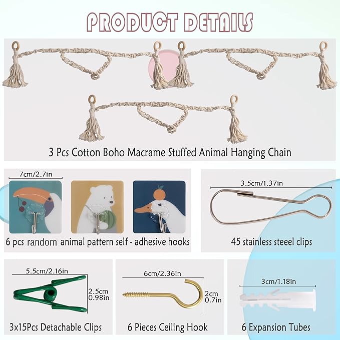 3 Pieces Stuffed Toy Chain Display Organizer Strong Toy Organizer Storage Chain Stuffed Animal Toy Holder Hanging with 45 Metal Clips 6 Ceiling Hook for Hanging Plush Toys Display