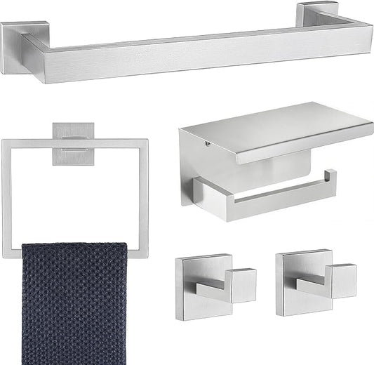 5 Pieces Bathroom Hardware Accessories Set Brushed Nickel, 16Inch Square Towel Racks Set for Bathroom, SUS304 Stainless Steel Towel Bar Set,Toilet Paper Holder with Shelf Wall Mounted