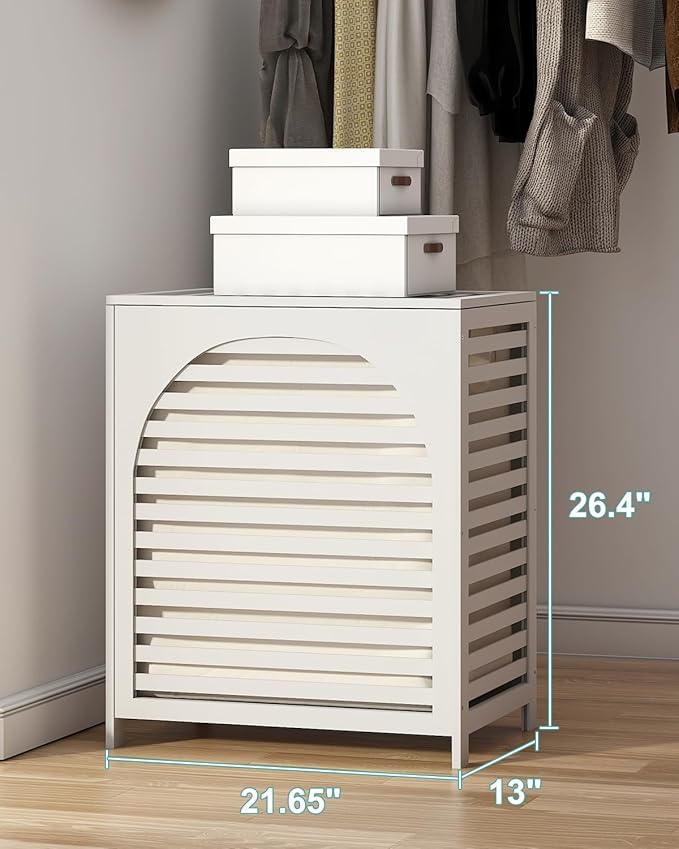 White Laundry Hamper, Laundry Hamper with Lid, 27.3 Gallon (103L) Bamboo Wood Clothes Laundry Basket with Lid and Handles, Removable Liner