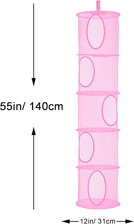 coastal rose 2Pcs Stuffed Animal Storage Foldable Stuffed Animal Net or Hammock Organizer, 5 Compartments Hanging Mesh Toy Storage Hammock for Kid Room Toys, Gloves, Hats, Socks（Pink）
