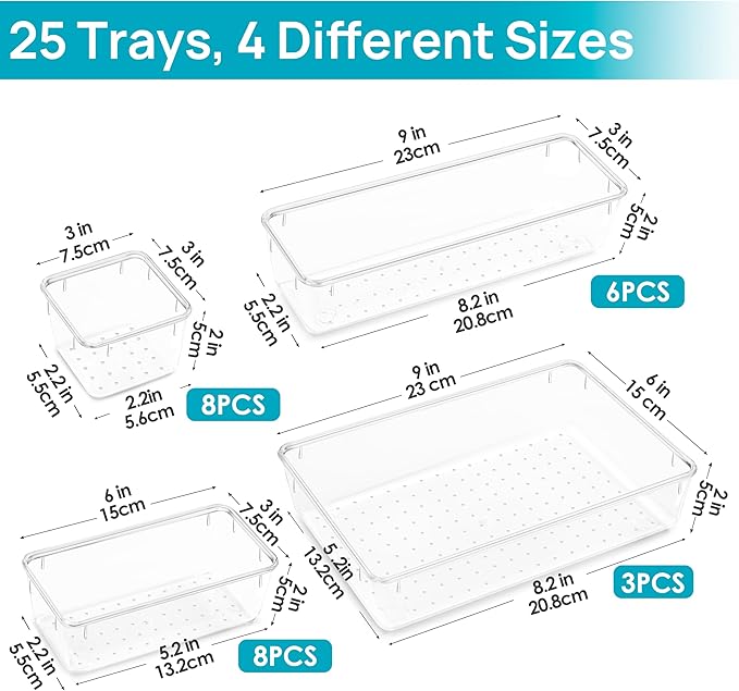 Vtopmart 25 PCS Clear Plastic Drawer Organizers Set, 4-Size Versatile Bathroom and Vanity Drawer Organizer Trays, Storage Bins for Makeup, Bedroom, Kitchen Gadgets Utensils and Office