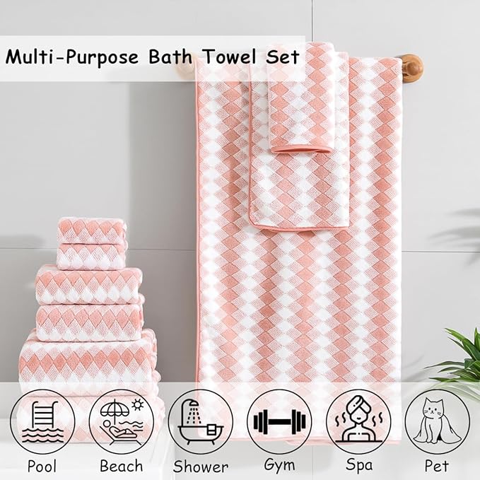 12 Pcs Pink White Diamond Towel Set-4 Bath Towels,4 Hand Towels,4 Washcloths Soft Polyester Towels with Loop Absorbent Shower Towel Quick Dry Beach Chair Towel Family Towels for Bathroom Spa Gym Pool