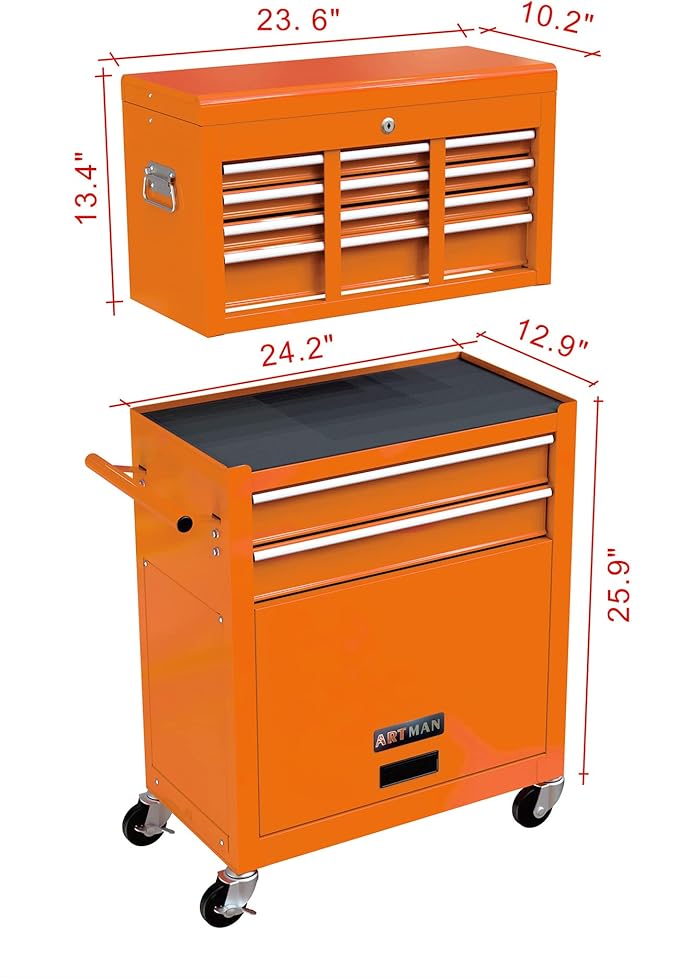 Rolling Tool Chest with Wheels Metal Tool Box on Wheels with 8 Drawers, Lockable Heavy Duty Toolbox Drawer Organizer Rolling Too Cart for Repair Shop, Garage, Orange