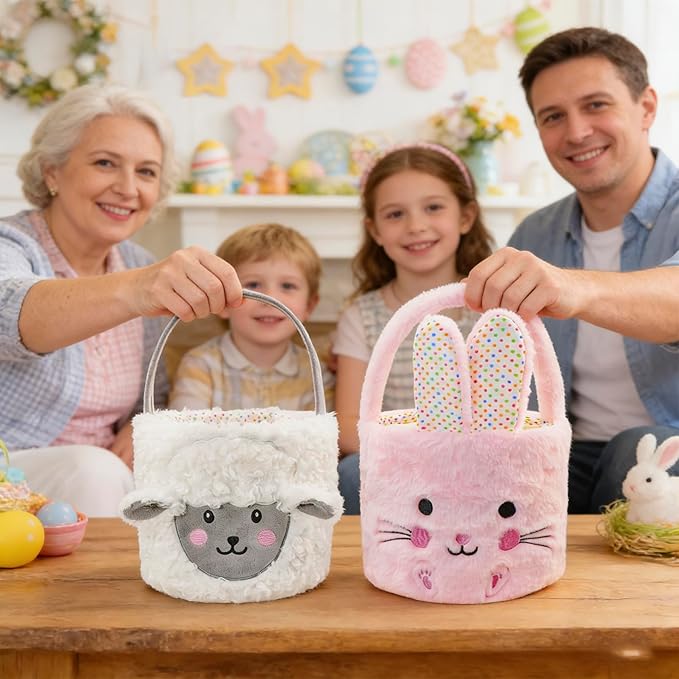 DearSun 2 Pcs Easter Basket Bunny & Lamb Plush Baskets, Easter Egg Hunting Basket for Kids Gifts Party Decoration Supplies, Dia 8" * H 15.7"(Pink Bunny & Sheep)