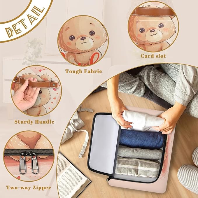 Custom Cute Bear Storage-Bin With Zipper Lid for Kids-Girls-Boys-Baby-Pet,Personalized Name Foldable Storage Box with Handle,Baby Basket With Label for Bedroom Nursery Toy Clothes,Pink