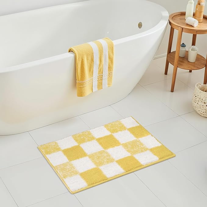 GRANNY SAYS Checkered Yellow Bathroom Rugs, 24" x 16", Non-Slip Bath Mats for Bathroom, Plush Shag Absorbent Microfiber Ultra Soft Bath Mat, Cute Washable Rug for Tub, Shower, Bedroom