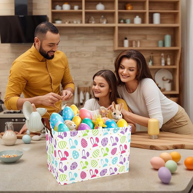 Large Rectangular Cute Kid Easter Basket Empty Bunny Eggs Easter Basket Gift Spring Room Storage Organizer Décor (Long Eared Rabbit Easter Egg)