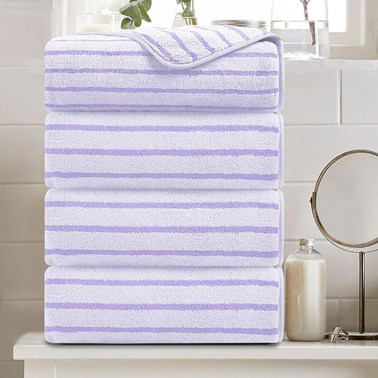 4 Pcs Light Purple Cabana Stripe Large Bath Towels 35"x70" Oversized Bath Sheet Soft Breathable Jumbo Bathroom Towels Highly Absorbent Shower Towel Quick Dry Beach Chair Towel Spa Gym Hotel Towel Set
