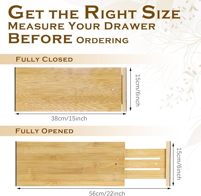 8 Pcs Deep Bamboo Drawer Dividers, Deep Kitchen Dresser Drawer Organizer with Spring Loaded for Clothes, Adjustable Expandable from 15-22 Inch (Wood Color,6 Inch)
