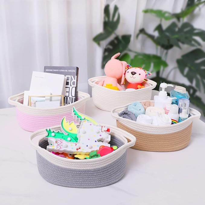 ABenkle Small Basket with Handles, Boho Decorative Rope Woven Dog Cat Toy Storage Bin Shelf Storage Organizer, Easter Christmas Gift Basket, 12"x8"x5", Pink