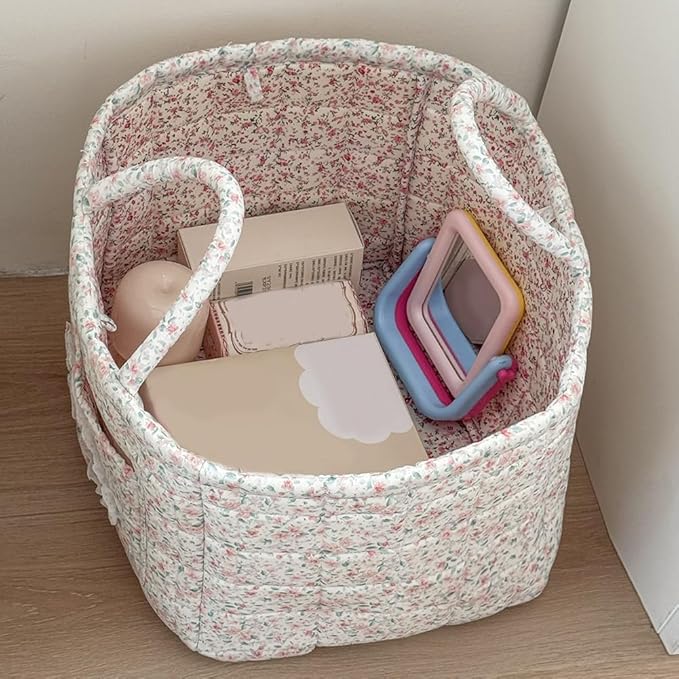 JQWYGB Foldable Laundry Basket Boho Bear Storage Basket Floral Quilted Fabric Car Storage Basket Handles Large Laundry Baskets for Clothes and Dolls