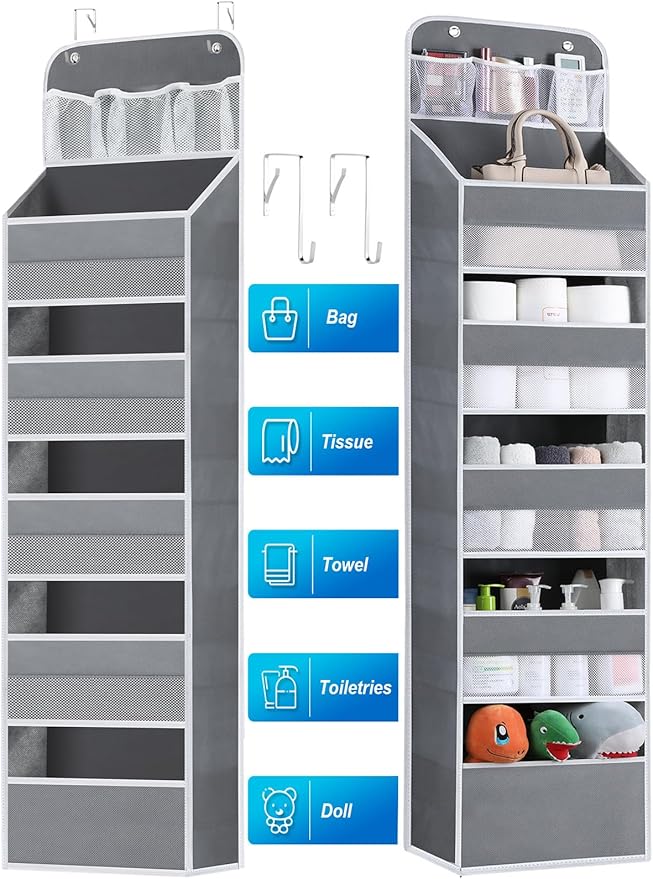 Over the Door Organizers - 5 Tier Hanging Door Storage with 5 Spacious Pockets, Anti -Tilt 44 lb Load Behind Door Organizer for Bedroom,Nursery,Bathroom,Kitchen,Dorm,Pantry - 1 Pack,Grey
