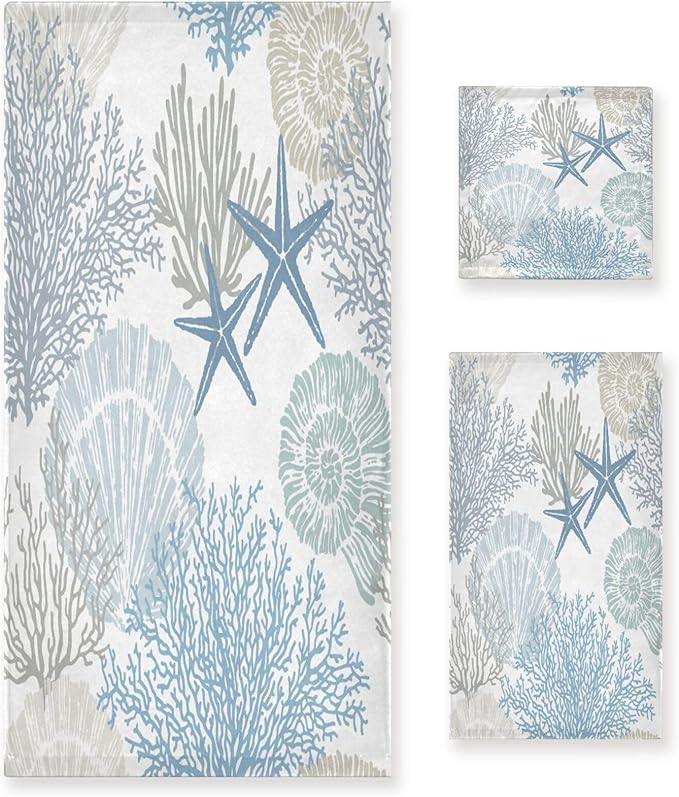 3 Piece Nautical Blue Grey Bath Towels Set,Microfiber Absorbent Beach Theme Starfish Coral Ocean Coastal Towels for Bathroom,1 Bath Towel,1 Hand Towel,1 Washcloth,Decorative Bathroom Towels