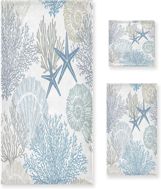 3 Piece Nautical Blue Grey Bath Towels Set,Microfiber Absorbent Beach Theme Starfish Coral Ocean Coastal Towels for Bathroom,1 Bath Towel,1 Hand Towel,1 Washcloth,Decorative Bathroom Towels