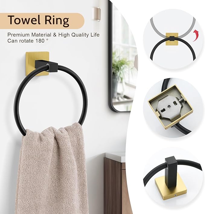 5-Piece Bathroom Hardware Set Black Gold Bathroom Hardware Accessories Set Upgraded Toilet Paper Holder with Shelf Towel Holder Set for Bathroom Stainless Steel Wall Mounted