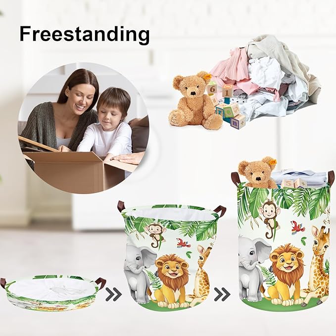 Clastyle Safari Animal Laundry Basket Leaf Kids Clothes Book Storage Basket Gift Toy Box for Bedroom Decor,Elephant Lion Giraffe,36x45 cm