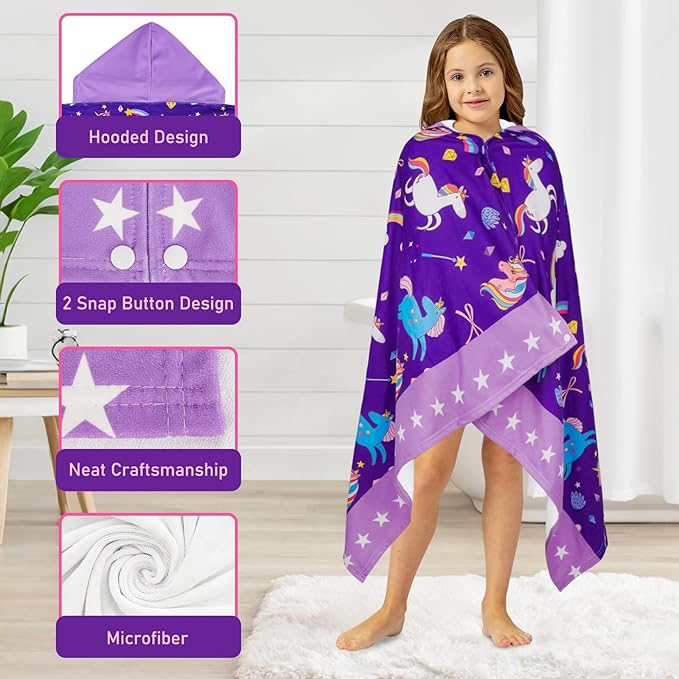 Hooded Towels for Kids Unicorn 60" x 35" Toddler Bath Beach Towel Poncho with Hood Super Soft and Absorbent 100% Microfiber for Girls Ages 5-12