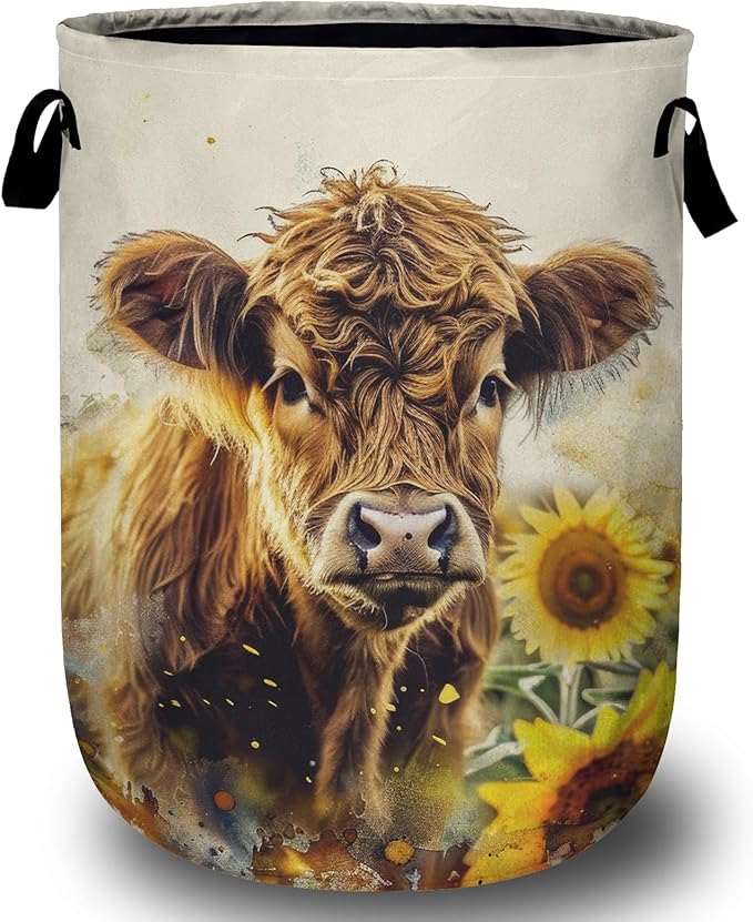 Highland Cow Sunflowers Laundry Basket, Laundry Hamper Collapsible Oxford Cloth with Handle Clothes Toy Storage Bin for Bathroom Laundry Room Bedroom 15.7 X 20 Inch