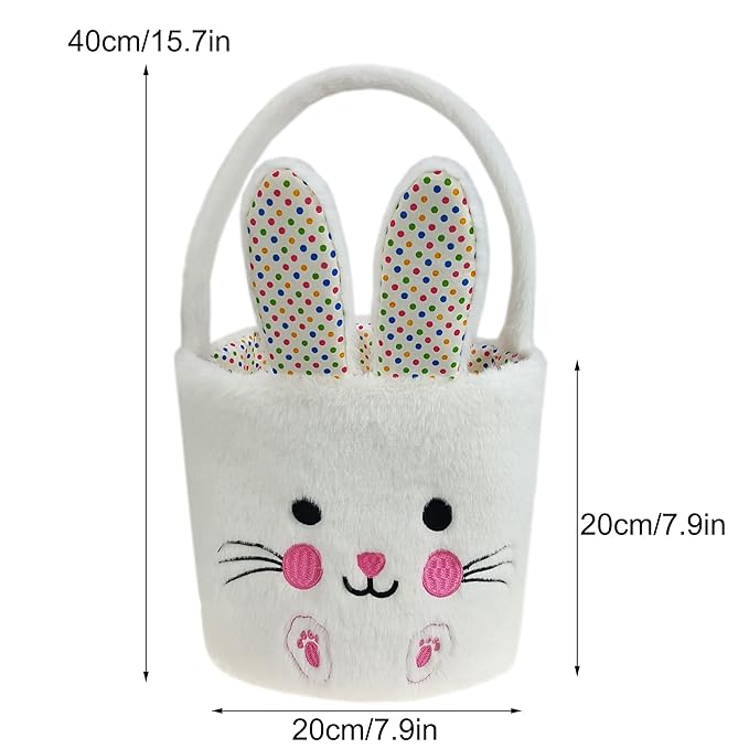 DearSun Exquisite Embroidery ! Personalized Plush Bunny Basket Easter Egg Hunting Basket Easter Basket with Embroidery Name (White Plush Bunny)
