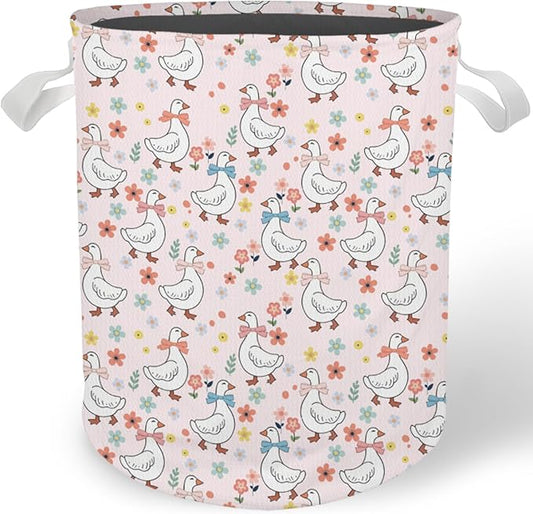 Pink Floral Goose Nursery Laundry Basket, Coquette Bow Cute Goose Laundry Basket Hamper Waterproof Collapsible Clothes Toys Storage Bin for Bedroom Bathroom Kids Room, Toybox for Girls