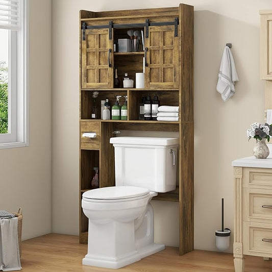 Over The Toilet Storage Cabinet, Farmhouse Storage Cabinet Over Toilet with Sliding Doors，Home Space-Saving Toilet Rack, for Bathroom, Restroom, Laundry(Brown