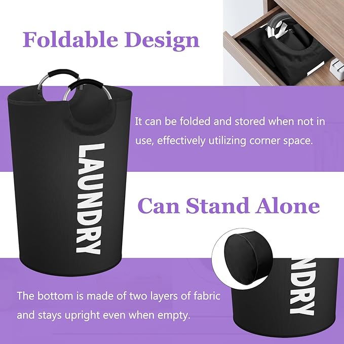 125L Extra Large Laundry Basket with Handles, Collapsible Clothes Hamper for Bedroom, Independent Dirty Clothes Basket, Portable Laundry Bin for Hotel, Dorm, Black