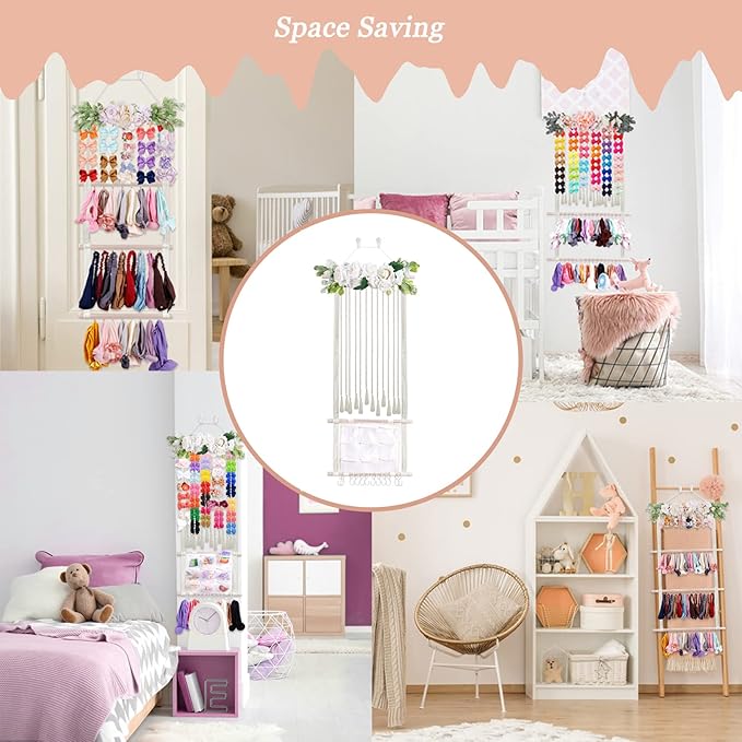 Headband Holder for Girls Hair Bows, Large Capacity Baby Headbands Organizer Storage Hair Clips Hanger Storage Flower Crown Bow Holder Wall Door Hanging Decor for Nursery Room