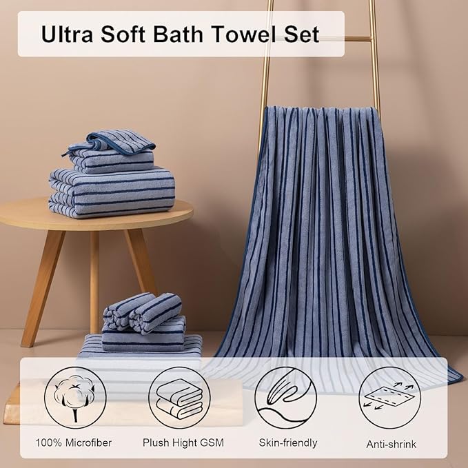 8 Pcs Navy Cabana Stripe Large Bath Towel Set Oversized Bath Sheet 2 Bathroom Towels,2 Hand Towels,4 Washcloths Soft Jumbo Towels Absorbent Shower Towel Quick Dry Beach Chair Spa Gym Hotel Towel Set