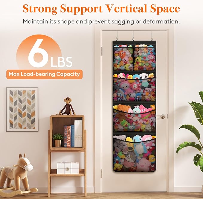 Lifewit Stuffed Animal Storage, Over the Door Organizer with 5 Expandable Mesh Pockets, Breathable Oxford Fabric Hanging Kid Baby Plush Toy Holder for Nursery, 167 cm (65.8'') High, Black, 1 Pack